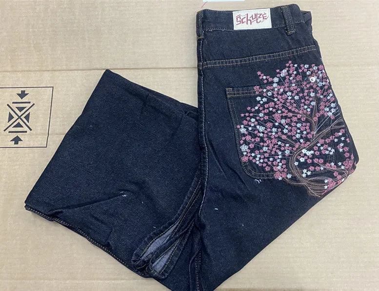Vintage Low Waist Hip Hop Cherry Blossom Embroidered Jeans  Wide Leg Trousers Y2K Clothes Mens Womes Embroidered Baggy Jeans - Matrix Studios