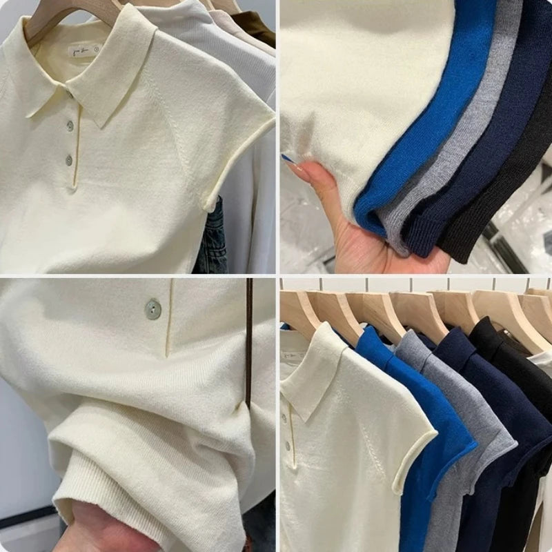zjaiss Unique Chic Casual Tee 2026 New Summer Navy Polo Collar Women T-Shirt Fashion Solid Color Short Sleeve Knit Top - Matrix-studios.com