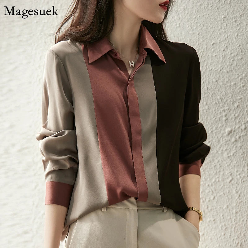 2025 Women Satin Button Blouse Autumn New Vintage Long Sleeve Polo Collar Women Shirt Elegant Loose Tops Clothing 18146 - Matrix-studios.com
