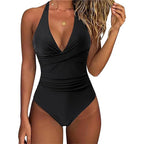 Leopard Print Wrinkled Halter V Neck One Piece Swimsuit Women Swimwear Monokini Backless Bathing Suit Swim Beachwear Bodysuit - Matrix Studios