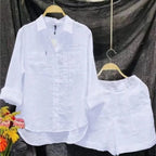 Summer Cotton Linen Casual Home 2 Piece Set For Women 2024 Fashion White Long Sleeve Shirt And Shorts Two Piece Sets Tracksuit - Matrix-studios.com
