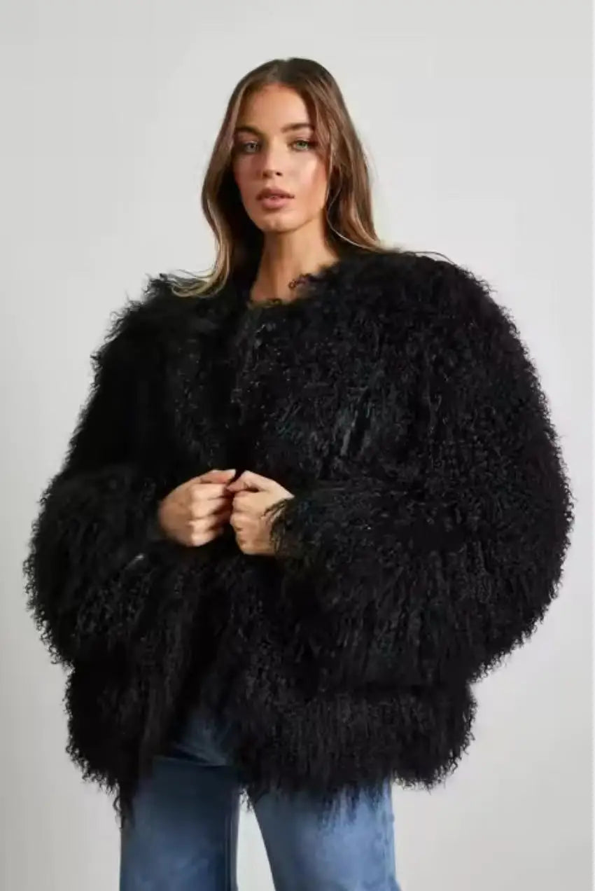 Mongolian Fur Coat Fur Jacket Women's Elegant Fluffy Solid Color Thickened Thermal Long Sleeve Coat Winter Fashion Oversized Lad - Matrix Studios