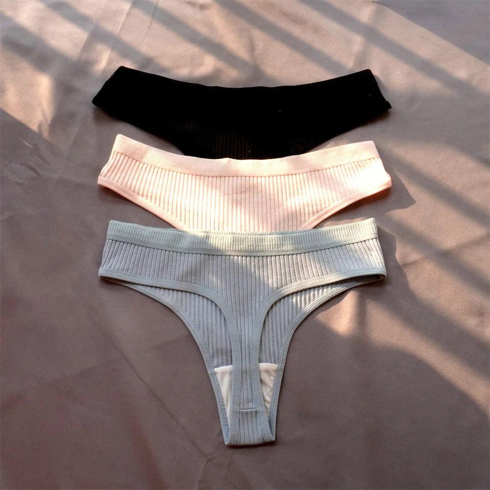 3 Pcs Seamless Ladies Ribbed Cotton Thong Simple Women's Low Waist Bikini Briefs Sports Girls Underwear Plus Size - Matrix Studios