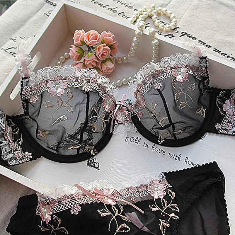 MOYISU New Arrival Luxury Pure Desire Lace Tulle Sexy Panties Lingerie Set Lilacs Embroidery Girl Boobs Big Size Big Boobs Small - Matrix-studios.com