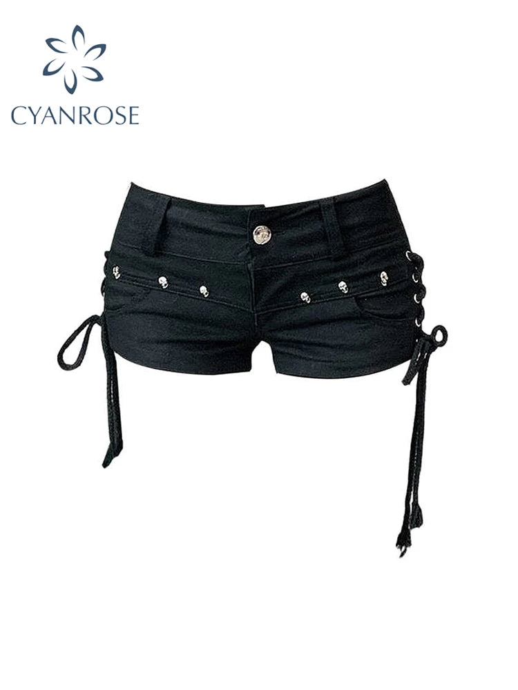 Women's Black Gothic Denim Shorts Vintage Aesthetic Korean Low Waist Jean Shorts Harajuku Y2k Cowboy Short Pants Clothes Summer - Matrix Studios