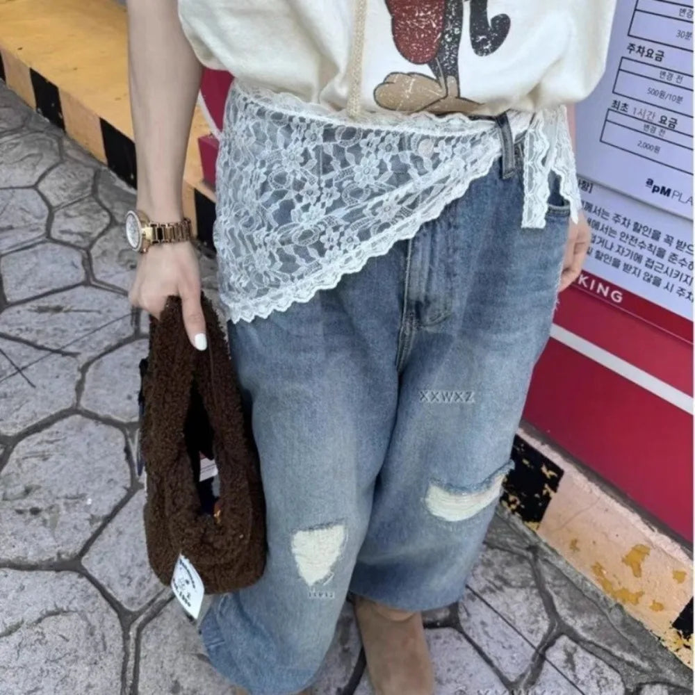 Jeans Pants Decor Embroidered Flower Lace Mini Skirt Irregular See Through Ruched Skirts High Waist Harajuku Pleated Skirts - Matrix-studios.com