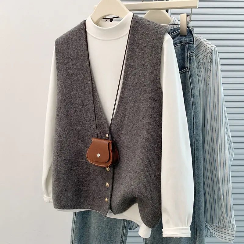 Women's Soft Knitted Vest Women Casual Button deep V-Neck Sleeveless Fall Cardigan stylish Simple Tank Tops Loose Knitwear Coats - Matrix Studios