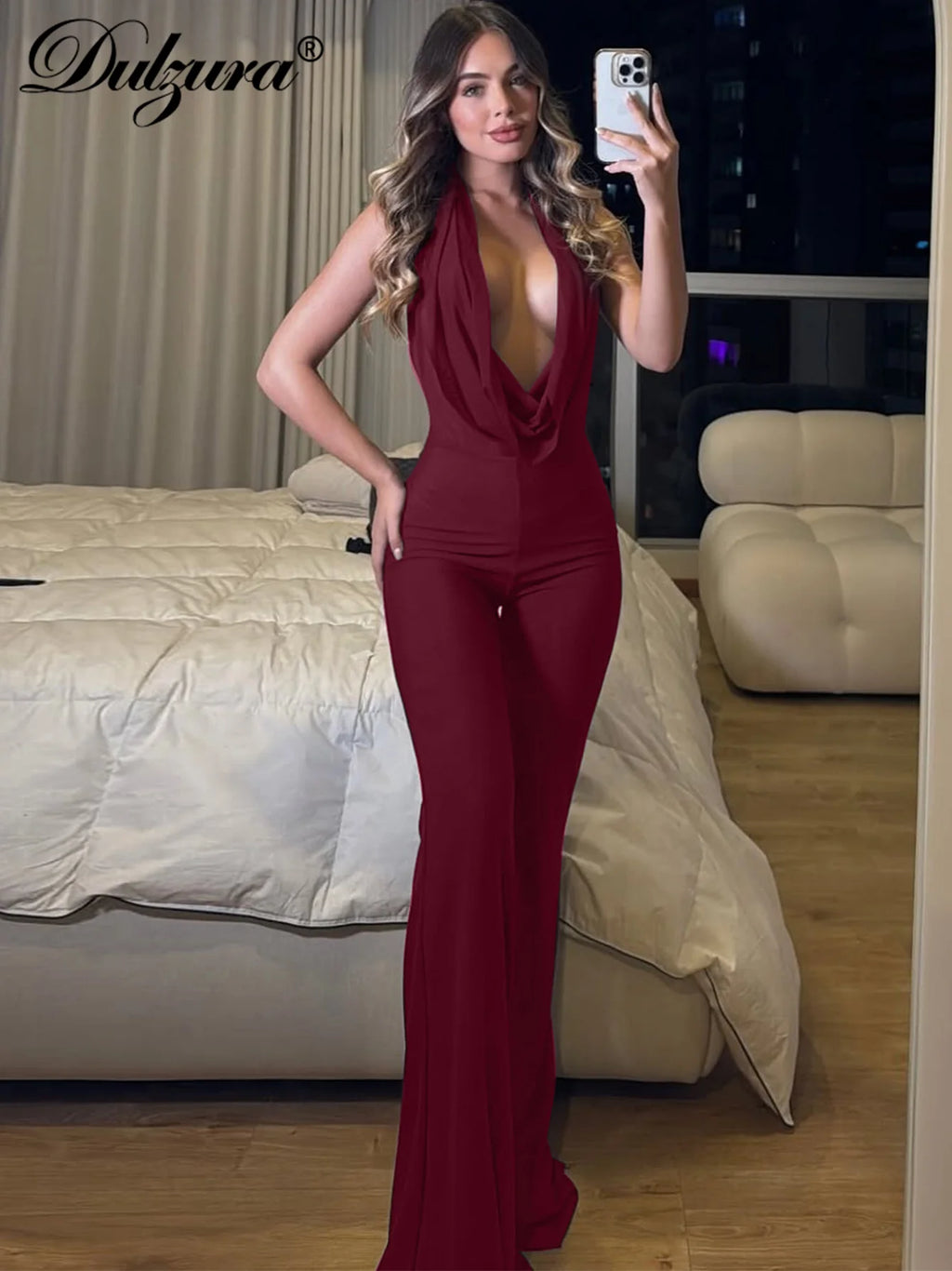 Dulzura Summer Solid Sexy Halter Swinging Collar Backless Slim Lace Up Flared Jumpsuit Women'S Fashion Elegant Party Club Romper - Matrix Studios