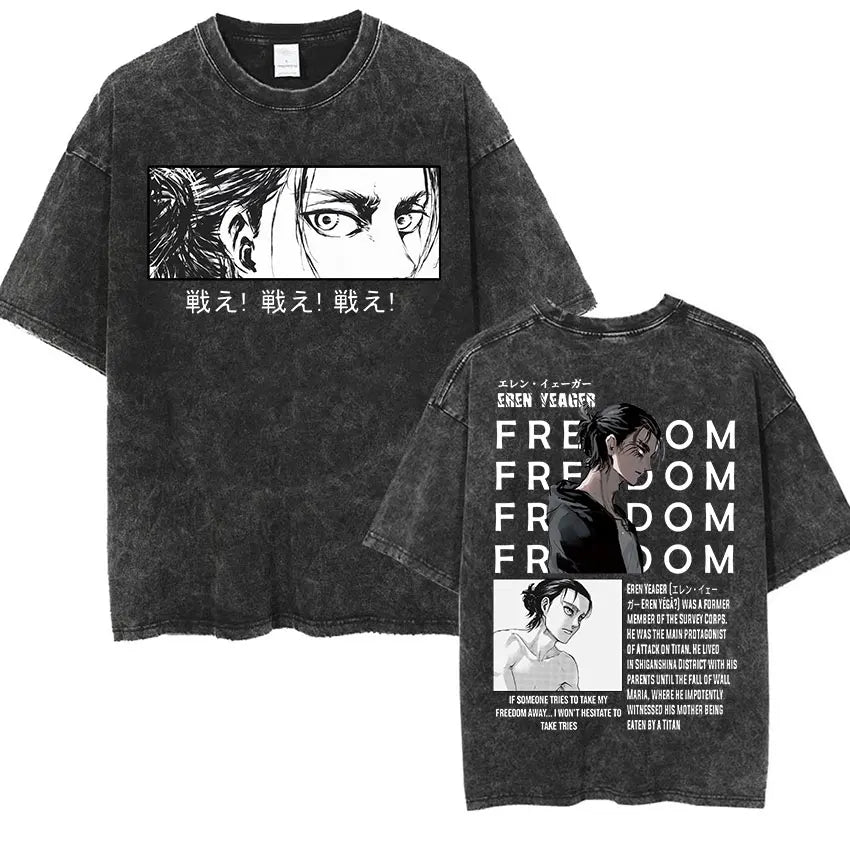 Anime Attack on Titan Vintage Washed Print T-shirt Mikasa Ackerman Eren Jaeger Wings of Freedom Logo Mens Summer Cotton T-shirts - Matrix Studios