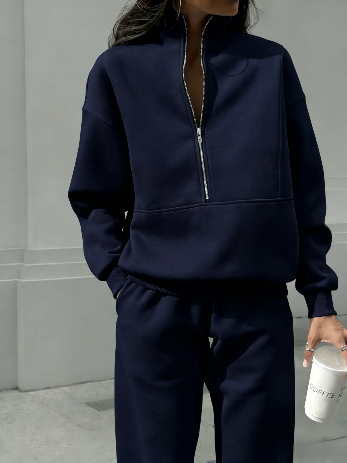 Women Half Zip 2 Piece Tracksuit Set, Stand Collar Long Sleeve Sweatshirt With Pocket & Elastic Waist Jogger Pants, Casual Loose Matching Loungewear Outfit