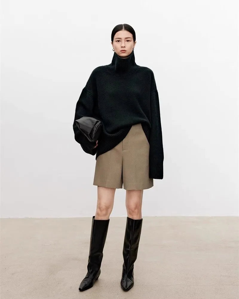 Thickened turtleneck 100% pure cashmere sweater women's loose lazy knit silhouette sweater European products - Matrix Studios