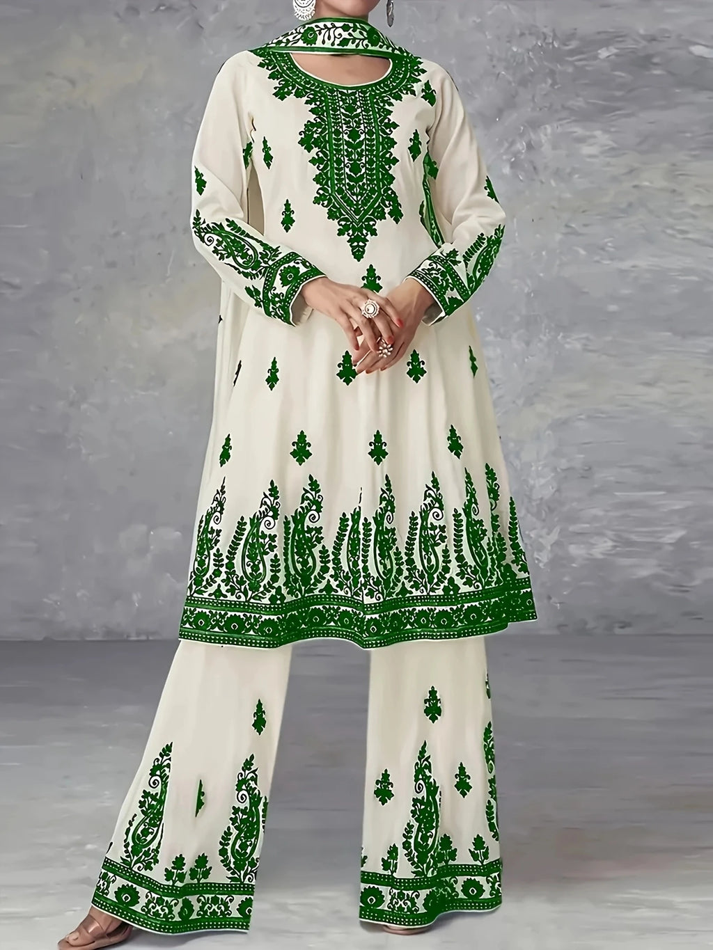 Plus Size Women's Off-White and Black Printed Three-Piece Set Ethnic Style Crew Neck Long Top Wide-Leg Pants and Headscarf Set - Matrix-studios.com