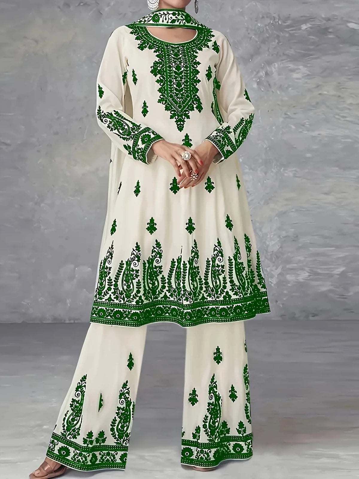 Plus Size Women's Off-White and Black Printed Three-Piece Set Ethnic Style Crew Neck Long Top Wide-Leg Pants and Headscarf Set - Matrix-studios.com