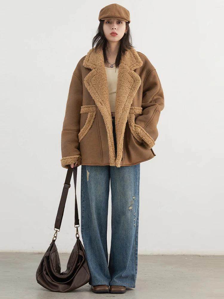 CHIC VEN Women Faux Leather Coat Single Breasted Loose Casual New Motorcycle Suit Suede Fur Jacket Female Top Autumn Winter 2025 - Matrix Studios