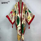2023 WINYI New Cotton Feeling Bikini Cover-ups Bohemian Print Front Open Long Kimono Kaftan Beach Cover Ups for Swimwear Dresses - Matrix Studios