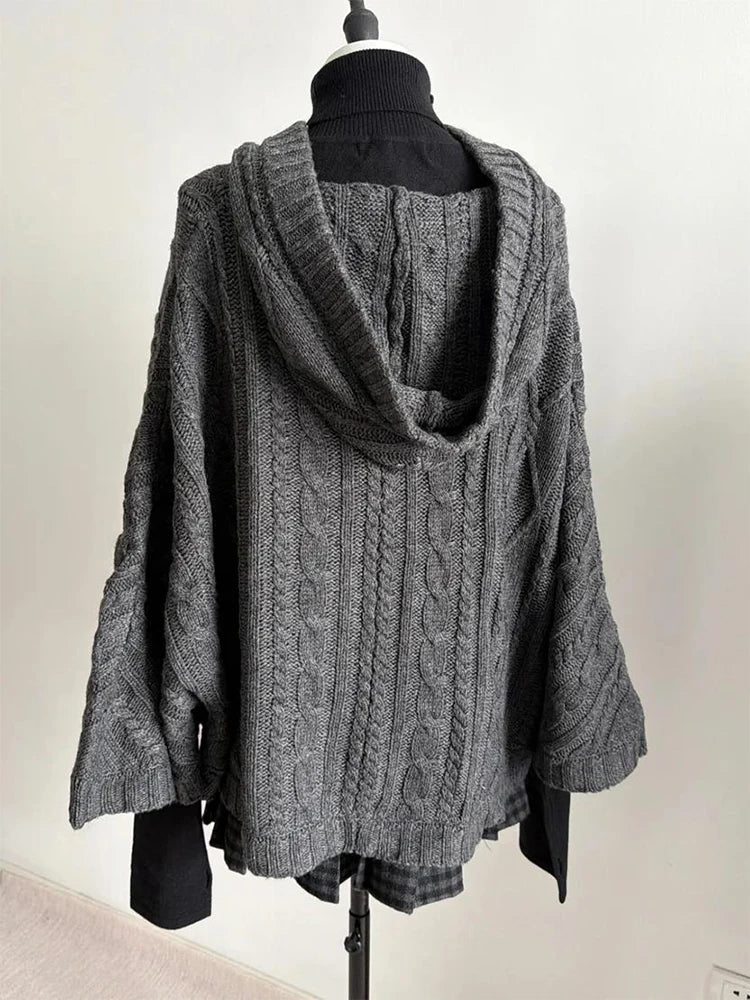 2026 Autumn Winter Women's Y2K Goth Knit Cardigan Harajuku Retro Millennium Aesthetics Single-Breasted Open-Flap Hooded Sweater - Matrix Studios