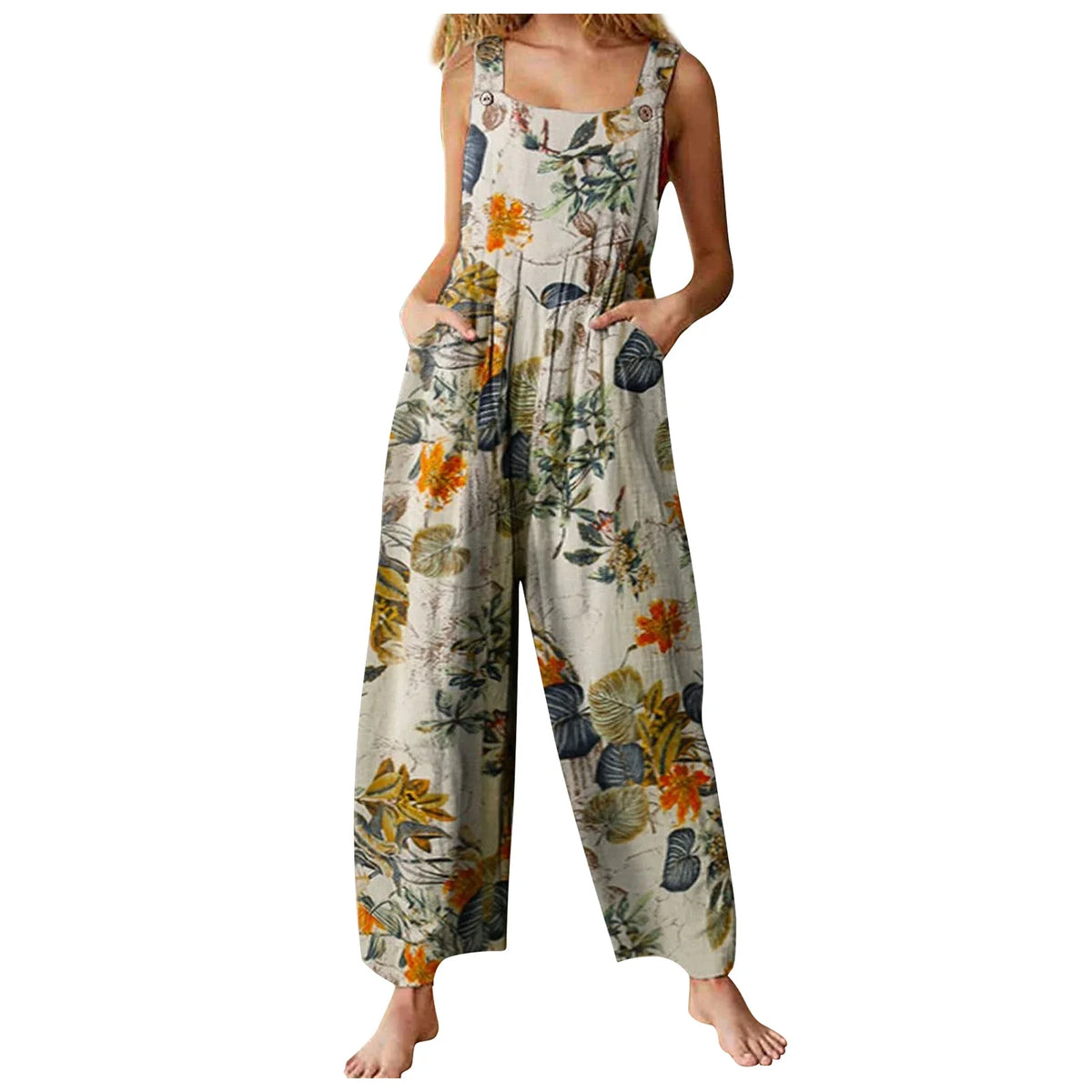Women Plus Sizes Jumpsuit Leaf Floral Print Square Neck Sleeveless Fashion Casual Overalls with Pockets - Matrix Studios
