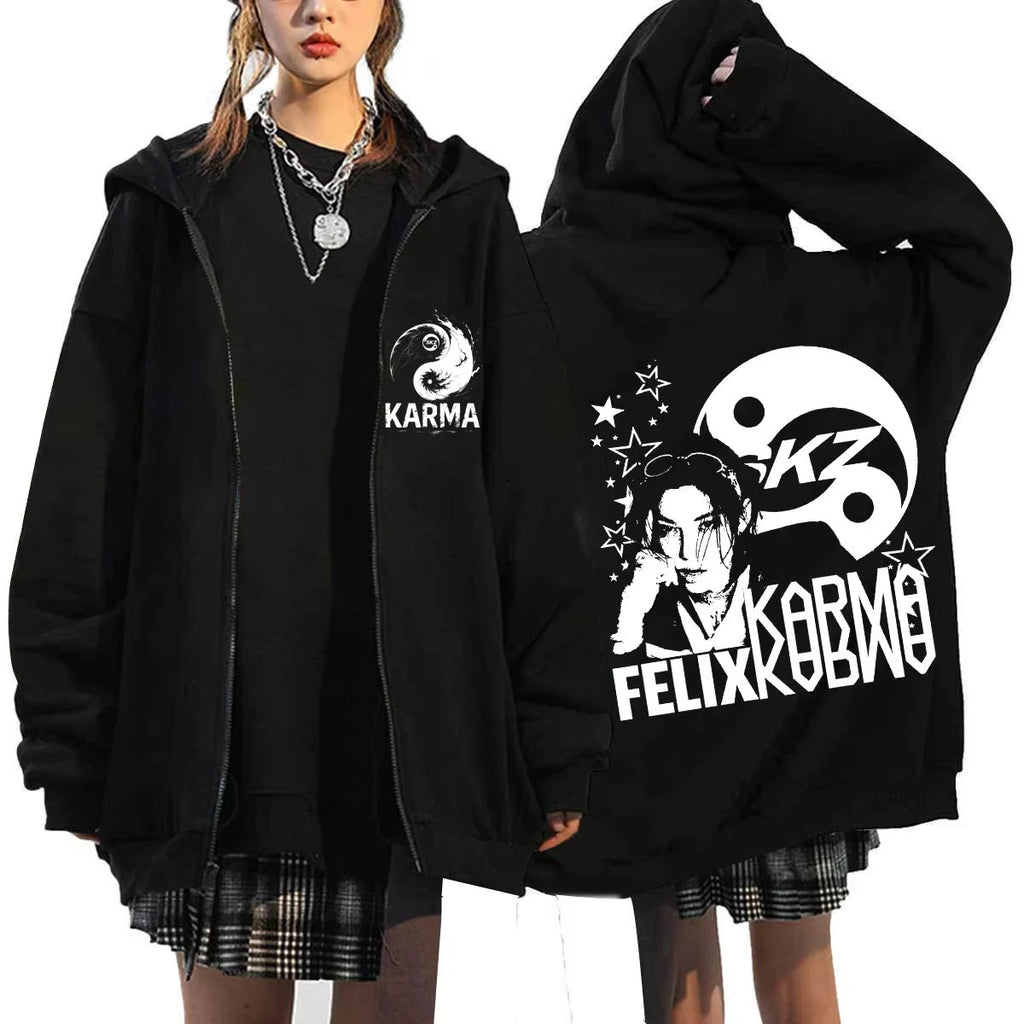 KPOP The 4th Album KARMA FELIX HAN BANGCHAN CHANGBIN HYUNJIN SEUNGMIN LEE KNOW Zip Up Women/Men Hoodie Sweatshirt Couple Clothes - Matrix Studios