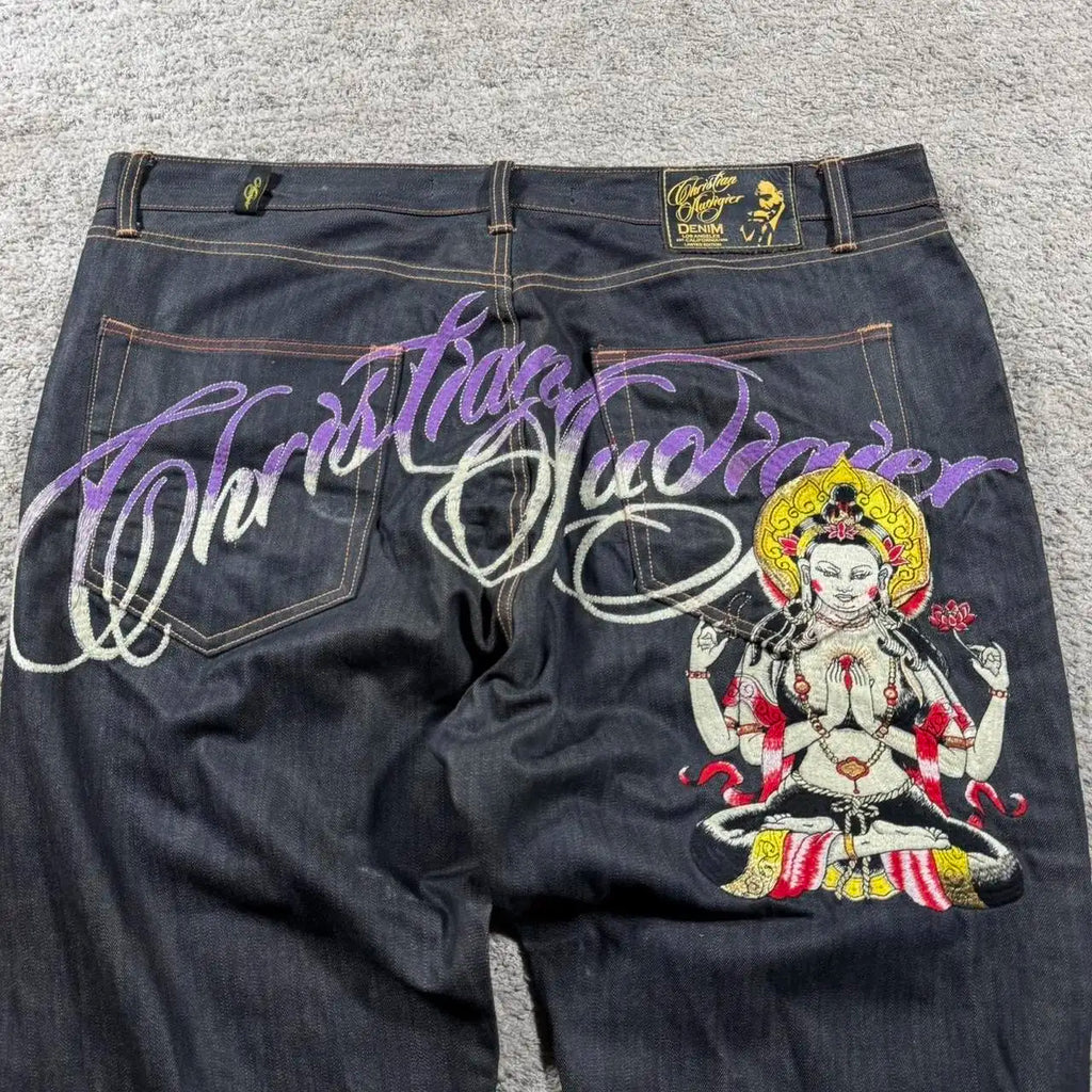 Baggy Wide Leg Y2K 2000s Loose Jeans Embroidered Buddha Casual Denim Pants Harajuku High Waist Straight Jeans Y2k Women Clothing - Matrix-studios.com
