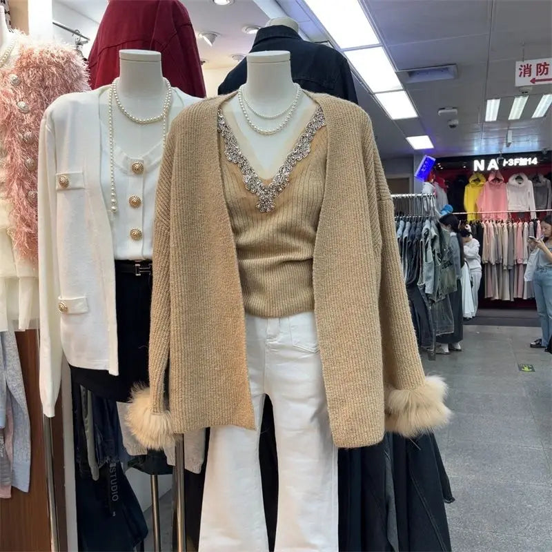 Heavy Diamond V-neck Sexy Slim Fit Knitted Vest+ Autumn Winter Long Sleeve Cardigan Coat Women 2026 New Two Piece Sets - Matrix Studios