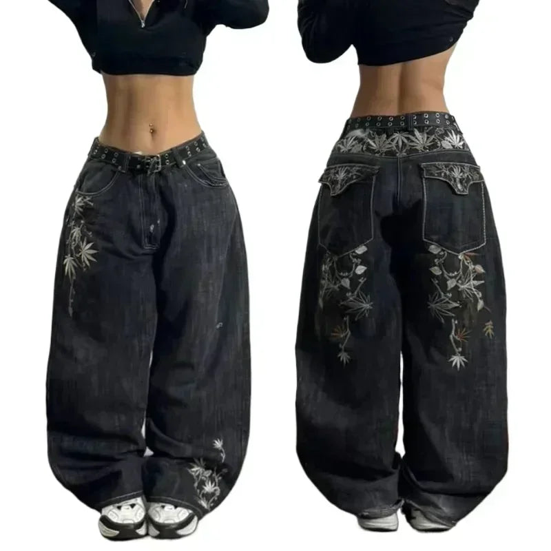 Y2K Hip-hop Stitching Fashion Joker Retro Jeans Female Korean Casual Simple Dress Essential Wide-leg Pants Loose  Joker Overalls - Matrix-studios.com