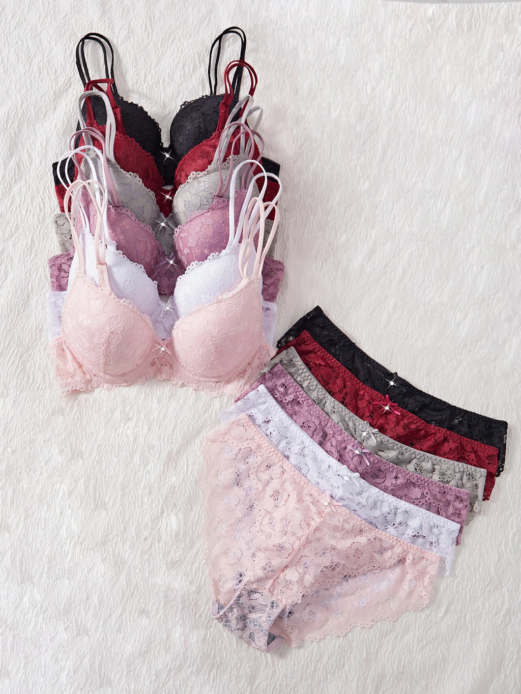 6-Piece Set Women's Bra and Panties Set Sexy Patterned Lace Patchwork No Lining Comfortable Fitting Women's Push-Up Bra Women's Underwear Set - Matrix-studios.com