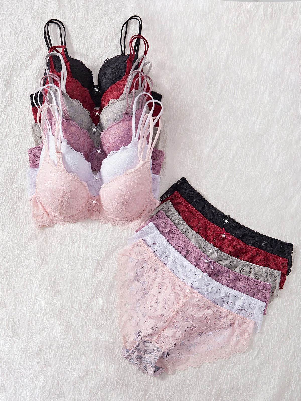 6-Piece Set Women's Bra and Panties Set Sexy Patterned Lace Patchwork No Lining Comfortable Fitting Women's Push-Up Bra Women's Underwear Set - Matrix-studios.com