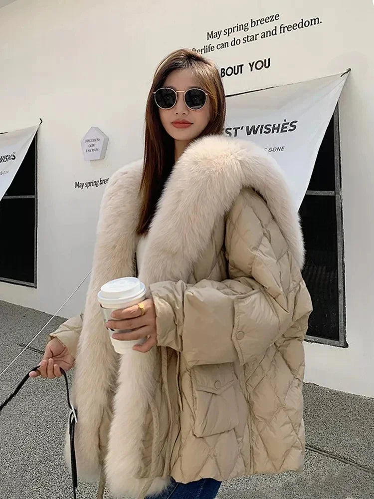 2024 Luxury Fox Fur Collar Long Coats 2024 Women Winter Soft Warm Loose Jacket Puffer Parka Female Windproof Snow Outwear Coats - Matrix Studios