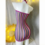 Women Rainbow Striped Cover Up Fishnet Bodycon Dress Halter Elastic Hollow Out Swimsuit Festival Beach Vacation - Matrix Studios