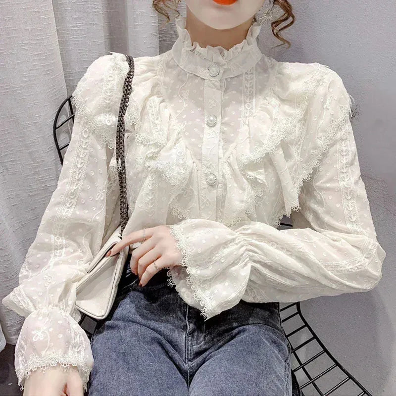 Long Sleeve Loose Spring Fashion Button White Shirt Elegant Stand Collar Pleated Tops Casual Ruffle Lace Blouse Blusas 15832 - Matrix-studios.com