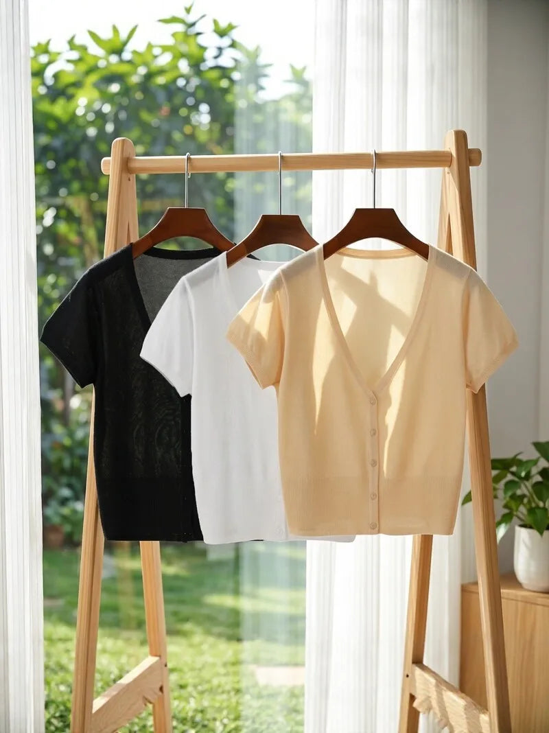 Outerwear Jerseys Summer Cardigan Women Cropped Blouses Korean Fashion Style Cute V-neck Women's Coat Black Bolero Woman Basic - Matrix Studios