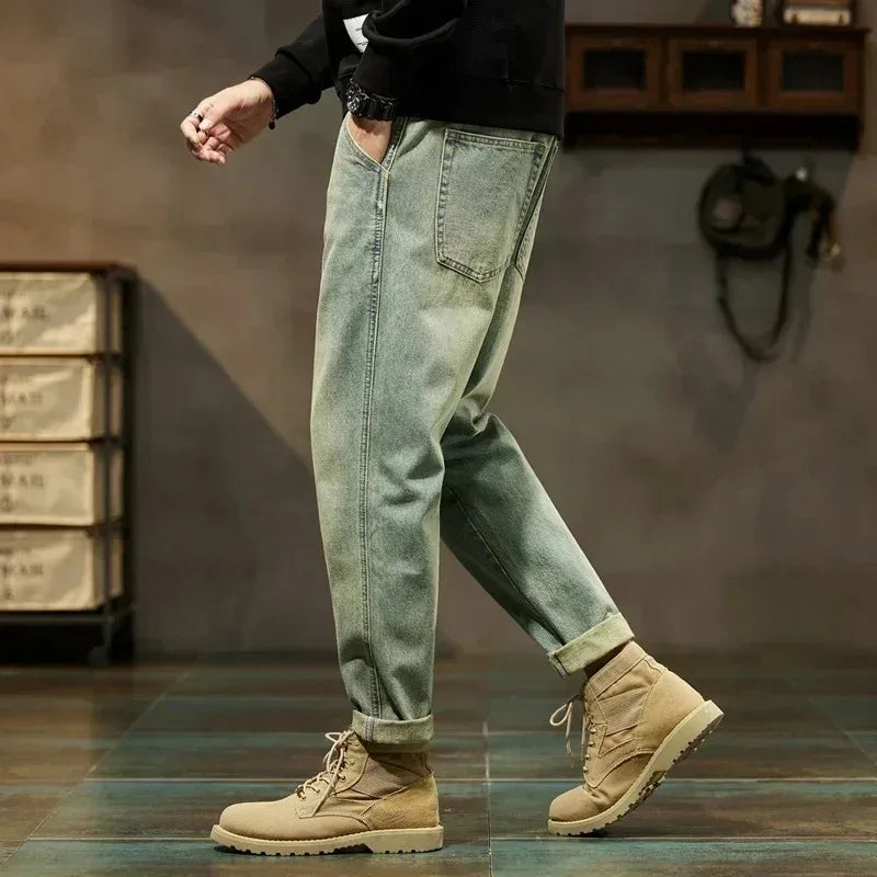 Men's Spring 2026 Loose Harem Pants Denim Retro Solid Comfortable Harajuku Straight Jeans Simple Fashion Versatile Cargo Trouser - Matrix Studios