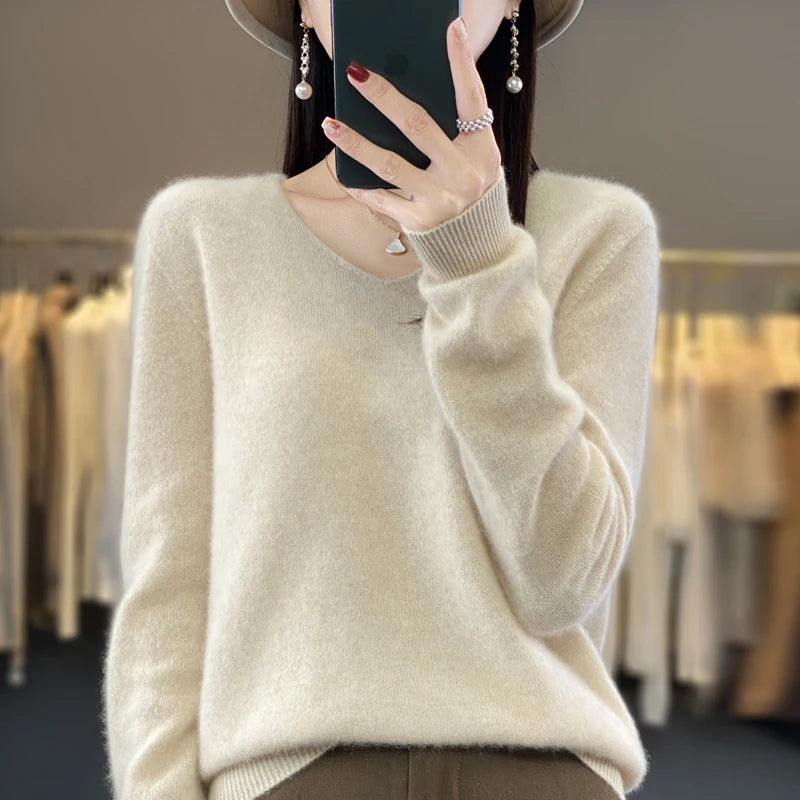 100% pure wool cashmere sweater women's V-neck pullover casual knit top autumn and winter women's coat Korean fashion - Matrix Studios