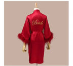 Women FEATHER Bride Bridesmaid Wedding Robe Satin Kimono Bathrobe Gown Nightwear Embroidery Letter Nightgown V-Neck Lingerie