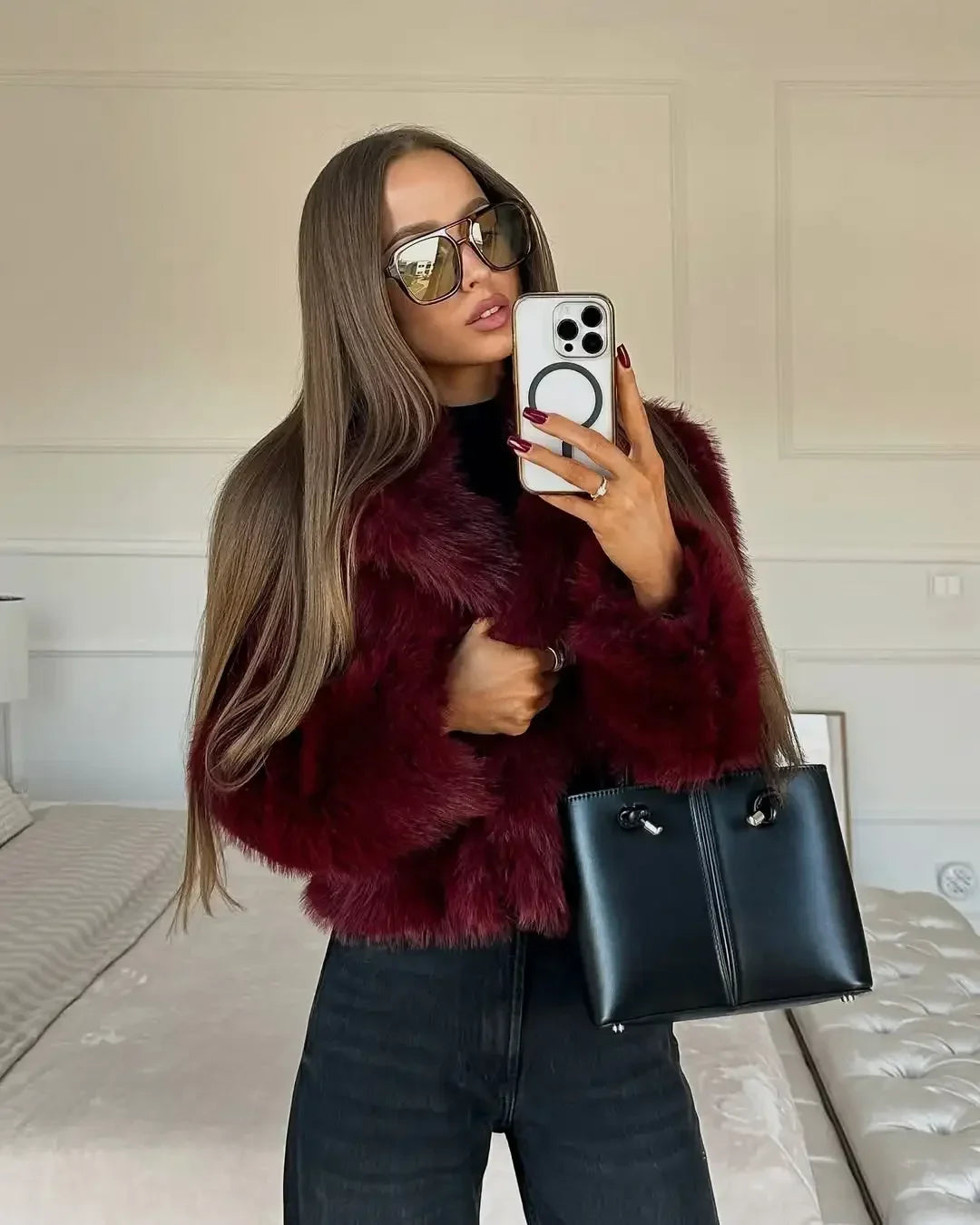 Wine Red Faux Fur Coat Women Fashion Lapel Long Sleeve Single Breasted Short Jackets 2025 Autumn Winter Lady Street Outwear - Matrix Studios