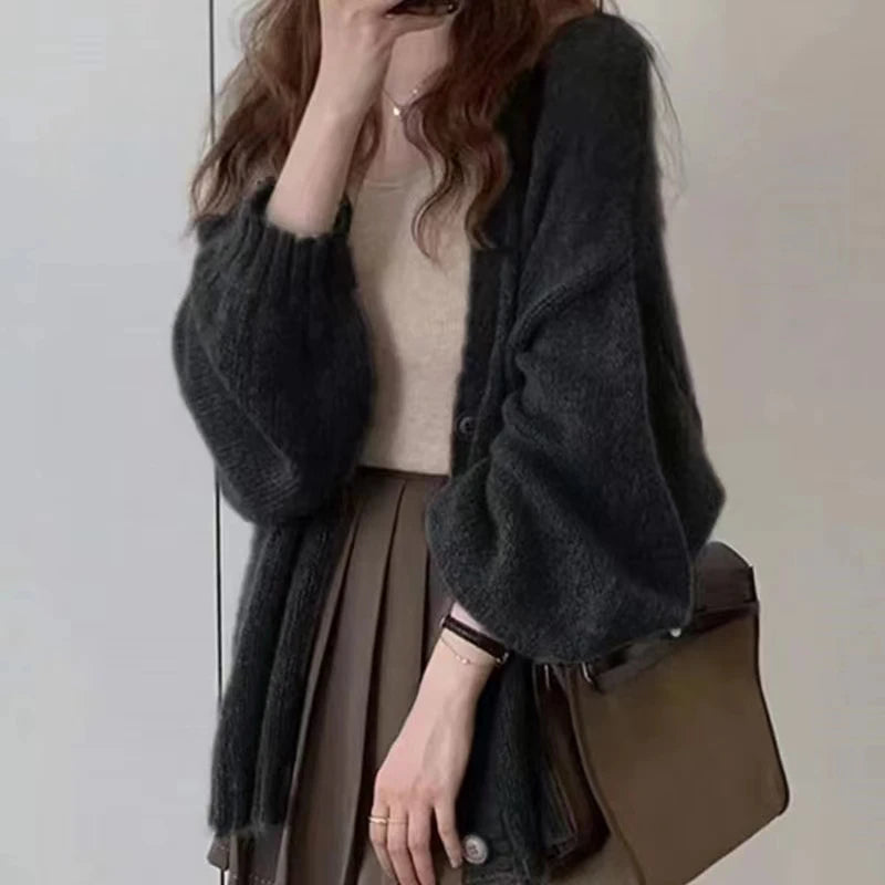 Autumn and Winter New Women's Solid Color Cardigan Sweater Fashion Casual Single-breasted Lantern Sleeve Sweater Jacket - Matrix Studios