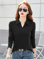 New Women Spring Summer Long Sleeve Cotton T-shirt Fashion Turn-down Collar Loose Polo Tees Simplicity Casual Basic T-shirt - Matrix-studios.com