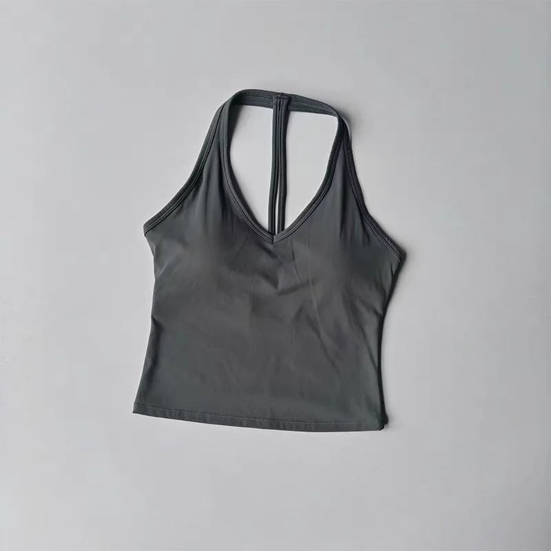Women's Sexy V-Neck Fitness Bra Nude Sports Bra Hanging Neck Yoga Suit Vest Comfortable Breathable Gym Top for Active Wear - Matrix Studios