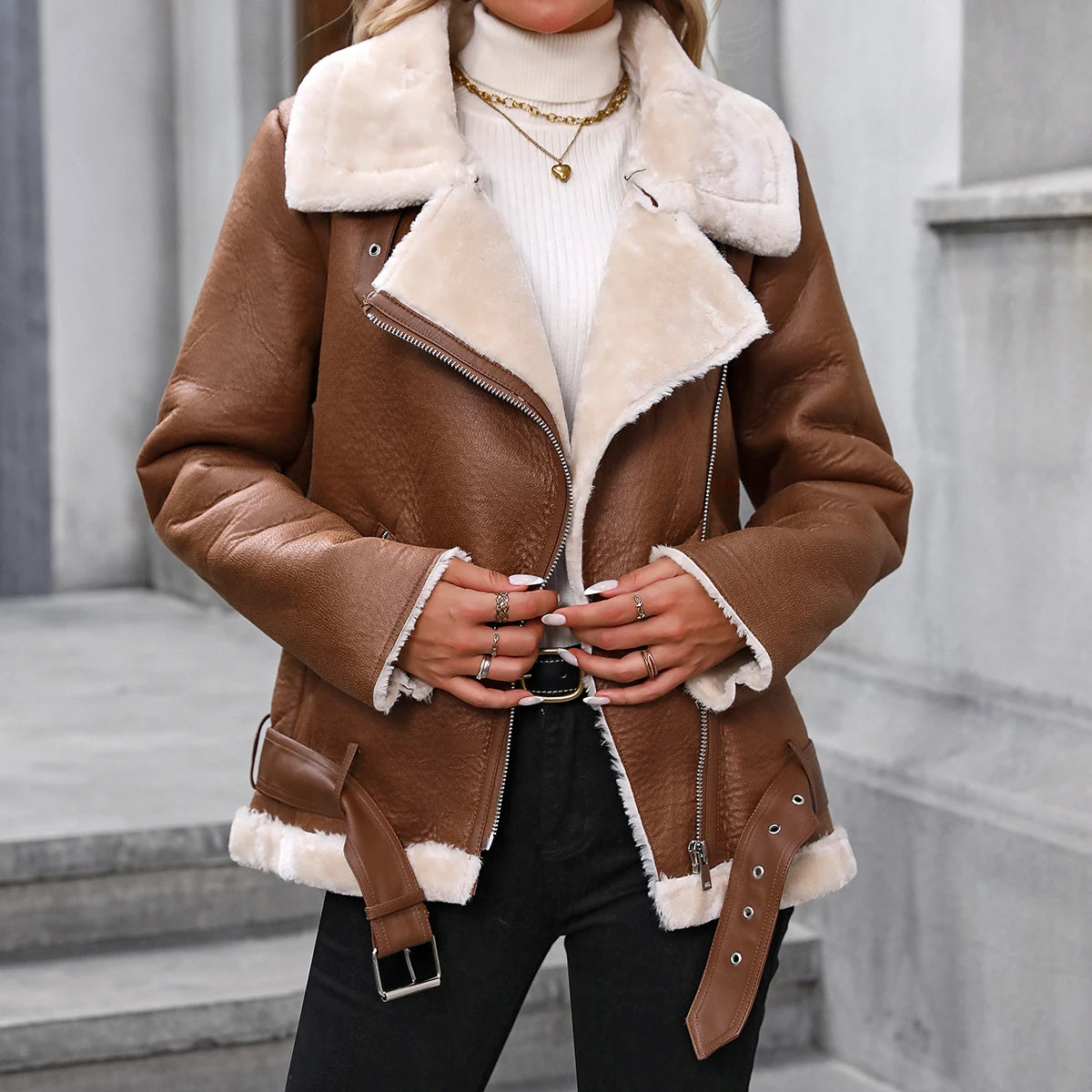 FTLZZ Winter Women Faux Fur Leather Jacket Casual Lady Thick Warm Leather Coat High Street Motorcycle Outwear - Matrix Studios