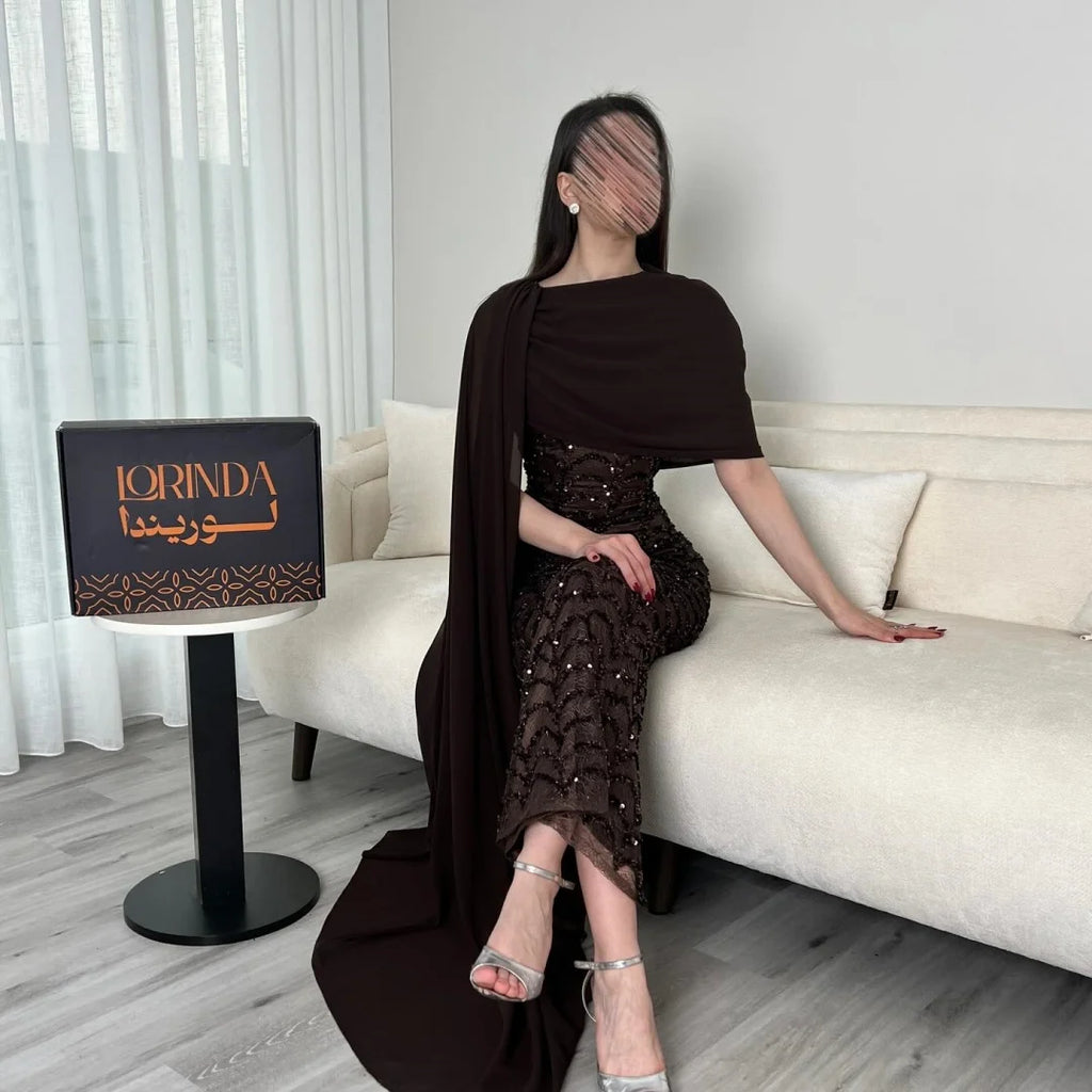Bella Customized Chocolate Brown One-Shoulder Capelet Sequin Prom Dress Slim Fit Party Dresses Floor-Length Elegant Formal Gown - Matrix-studios.com