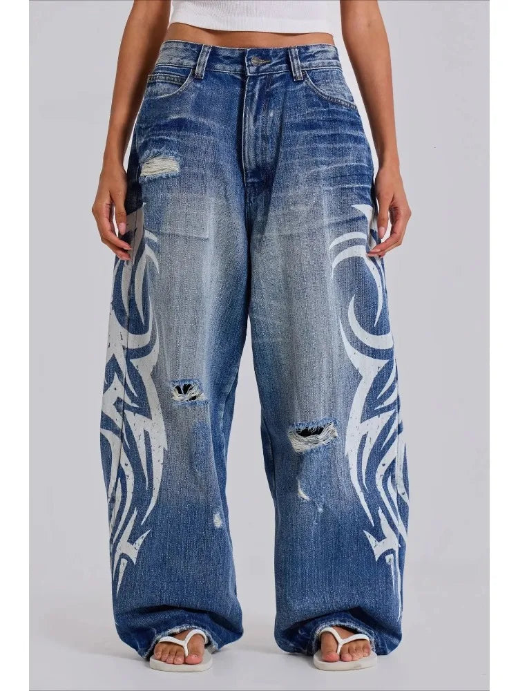 Deeptown Vintage Y2k Ripped Jeans Women Harajuku Print Blue Baggy Distressed Denim Trousers Hip Hop Grunge Streetwear Wide Jeans - Matrix-studios.com
