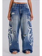 Deeptown Vintage Y2k Ripped Jeans Women Harajuku Print Blue Baggy Distressed Denim Trousers Hip Hop Grunge Streetwear Wide Jeans - Matrix-studios.com