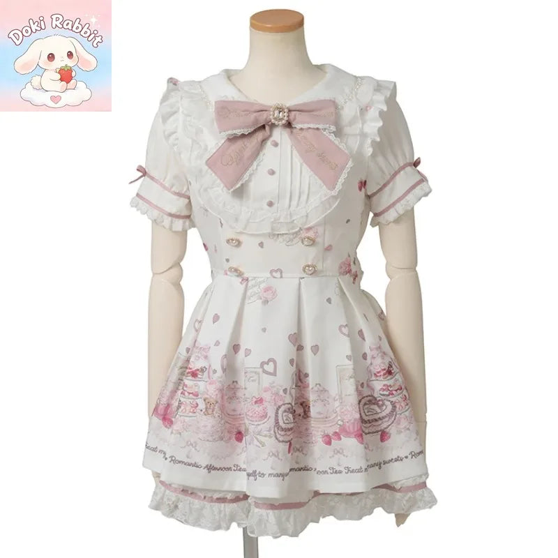 Summer Y2K Harajuku Japanese Subculture Kawaii 2 Piece Set Women's Short Sleeve Bow Printed Dress + Lace Mini Skirt Sweet Outfit - Matrix-studios.com