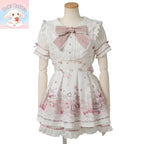 Summer Y2K Harajuku Japanese Subculture Kawaii 2 Piece Set Women's Short Sleeve Bow Printed Dress + Lace Mini Skirt Sweet Outfit - Matrix-studios.com
