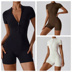 Women's Zipper Short-Sleeve Yoga Jumpsuit - Quick-Dry Breathable Tight Fitness Onesie for Gym Running Sportswear - Matrix Studios