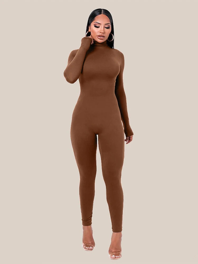 Hugcitar Fall Long Sleeve Solid Turtleneck Sexy Skinny Bodycon Jumpsuit Women Fashion Streetwear Sport Casual Romper Overalls - Matrix Studios