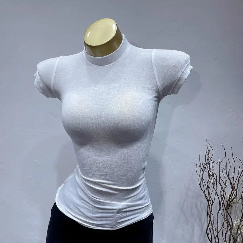 Women's Slim Fit Turtleneck Ribbed Knit Crop Top Casual Basic Tight Knit Sexy Fitted Cropped T-Shirt - Matrix-studios.com