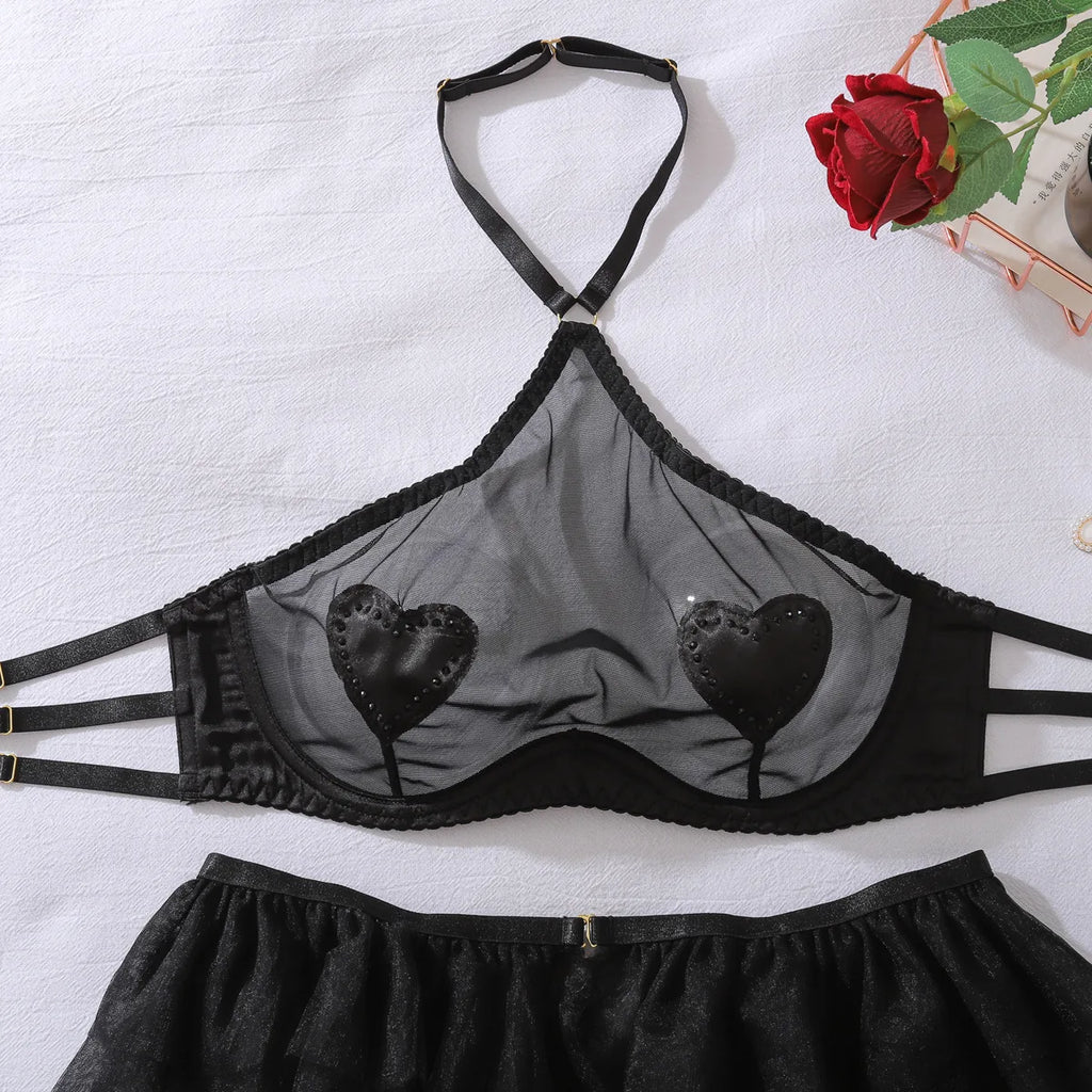 New Fashion Mesh See Through Halter Neck Lingerie Set Women Sexy Perspective Three-point Style with Stockings Shaping Split Set - Matrix-studios.com
