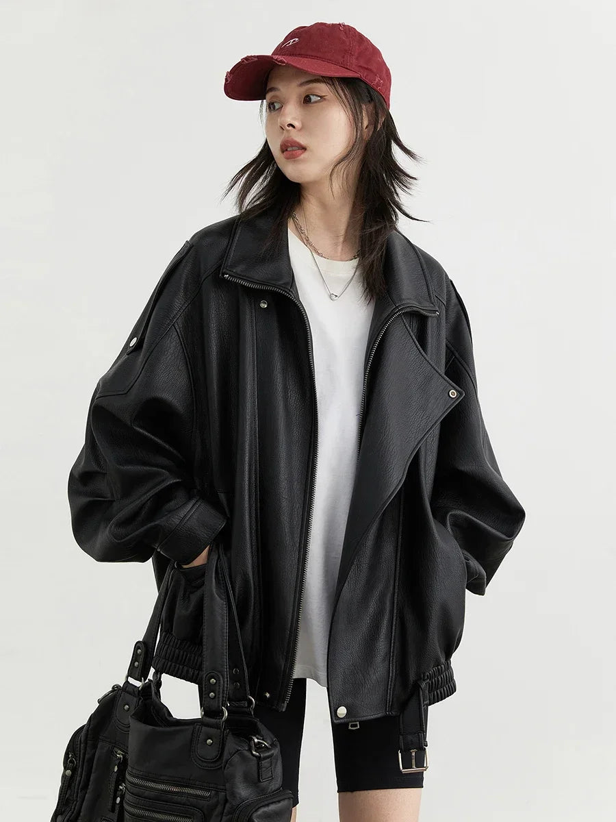 CHIC VEN Woman PU Jacket Solid Loose New Retro Standing Collar Motorcycle Faux Leather Coat Female Top Spring Autumn 2026 - Matrix Studios