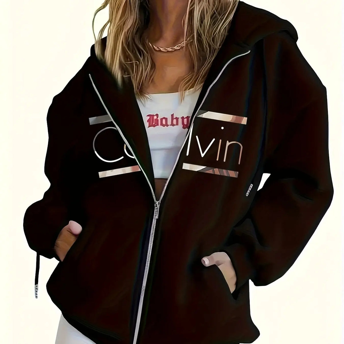 Women's Hoodie - Cozy Brown Zip-Up with White Print Casual Long Sleeve Sweatshirt  Drop Shoulder Design Relaxed Fit Winter W - Matrix Studios